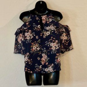 BLUE Floral Cold Shoulder Top